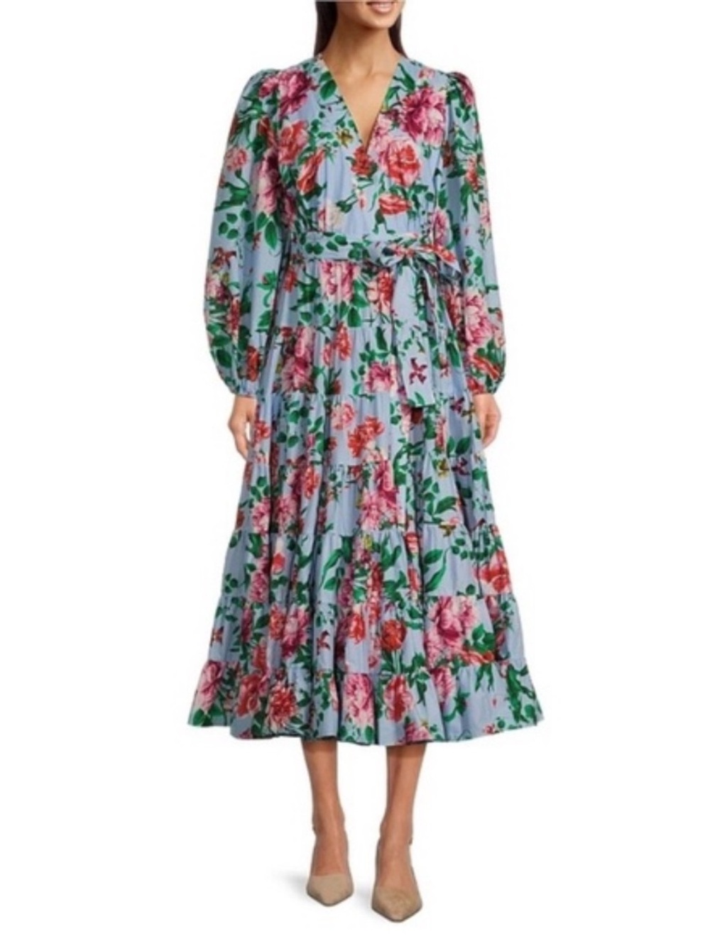 Gibson Latimer Blue Floral V-Neck Midi Dress